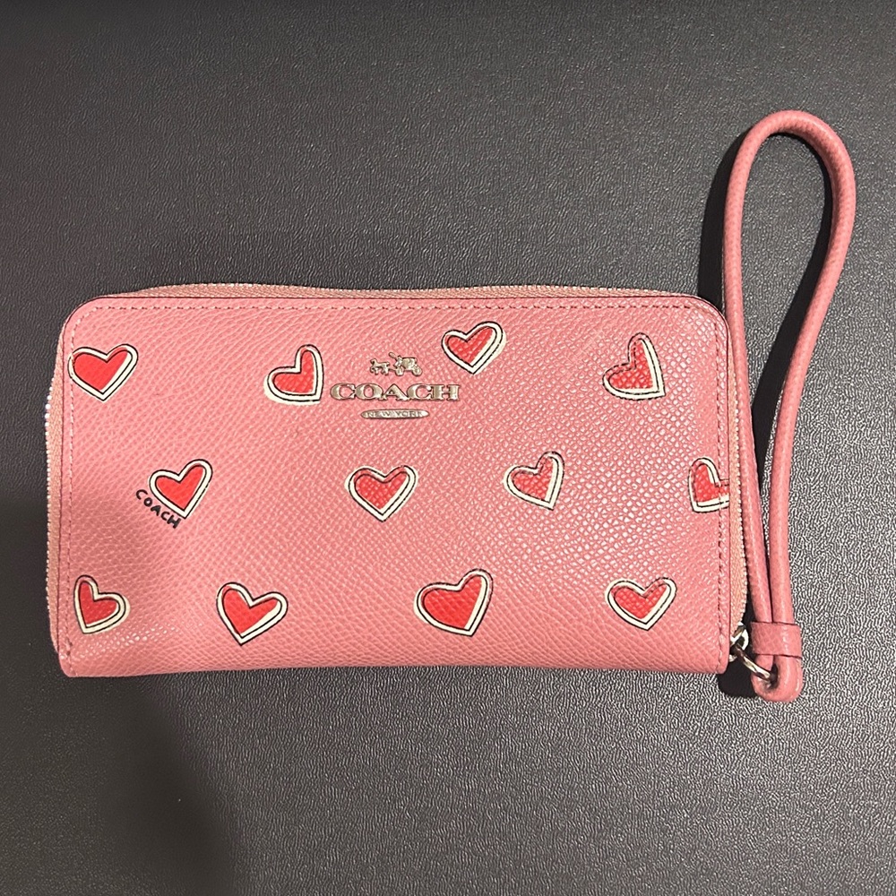 Coach Pink Leather wallet with hearts.